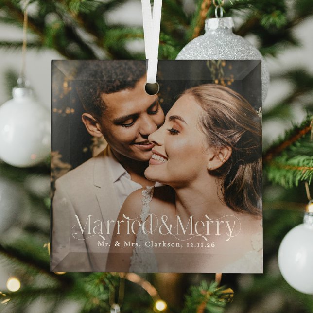 Elegant Married & Merry Newlywed Photo, Christmas Glass Ornament (Creator Uploaded)