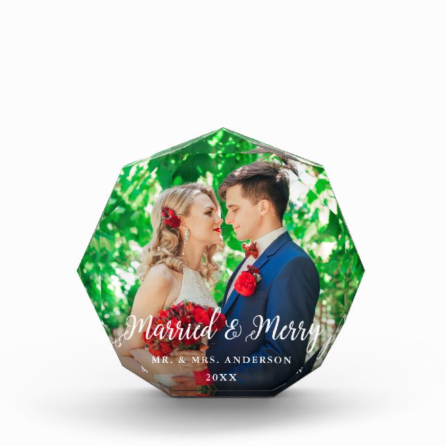 Elegant Married & Merry Photo Wedding Octagon Block (Front)