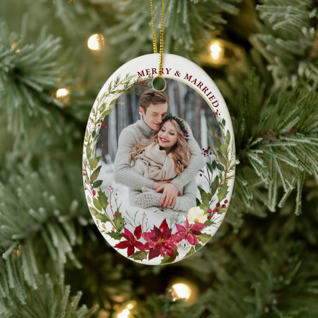 Elegant Married Merry Poinsettia Photo Christmas Ceramic Ornament (Tree)