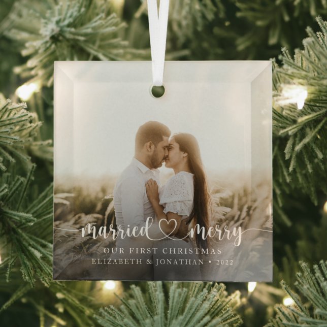 Elegant Married & Merry Script Photo Glass Ornament (Insitu)