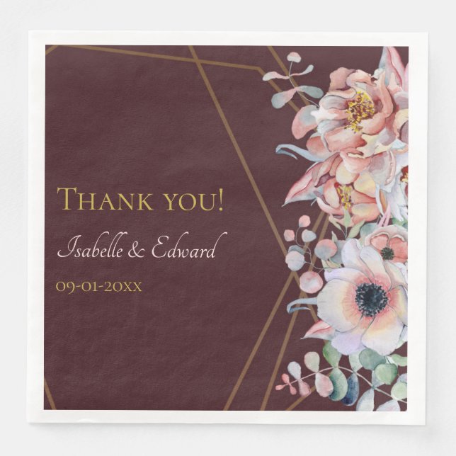 Elegant Marsala Blush Anemone Flowers Wedding Paper Dinner Napkins (Front)
