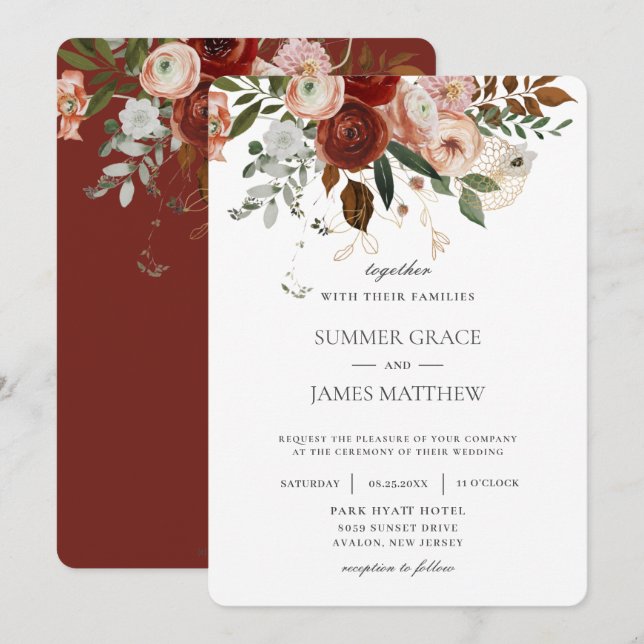 Elegant Marsala Burgundy Blush Ivory Wedding Invitation (Front/Back)