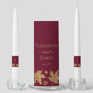 Elegant Marsala Burgundy Gold Fall Leaves Wedding Unity Candle Set
