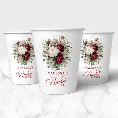 Elegant Marsala Floral Bridal Shower Paper Cups