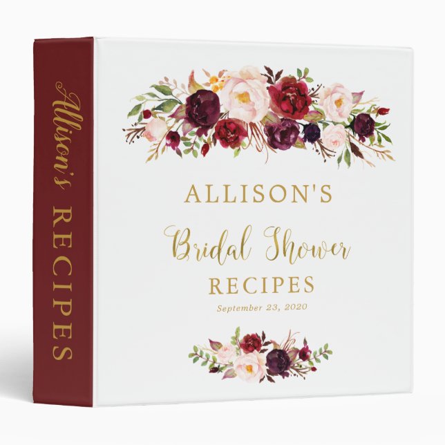 Elegant Marsala Floral Bridal Shower Recipe Binder (Front/Spine)