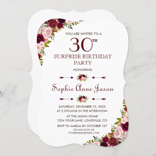 Elegant Marsala Floral Burgundy Fall 30th Birthday Invitation