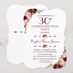 Elegant Marsala Floral Burgundy Fall 30th Birthday Invitation
