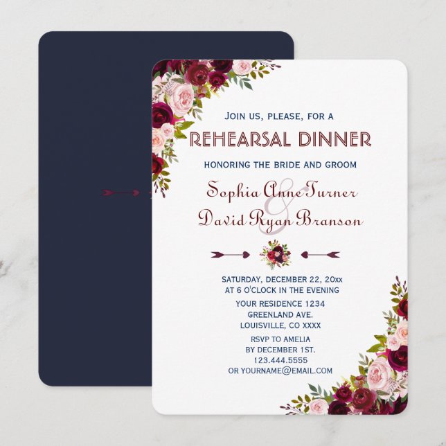 Elegant Marsala Floral Navy Blue Rehearsal Dinner Invitation (Front/Back)