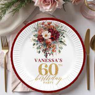 Elegant Marsala Gold Autumn Floral 60th Birthday P Paper Plates