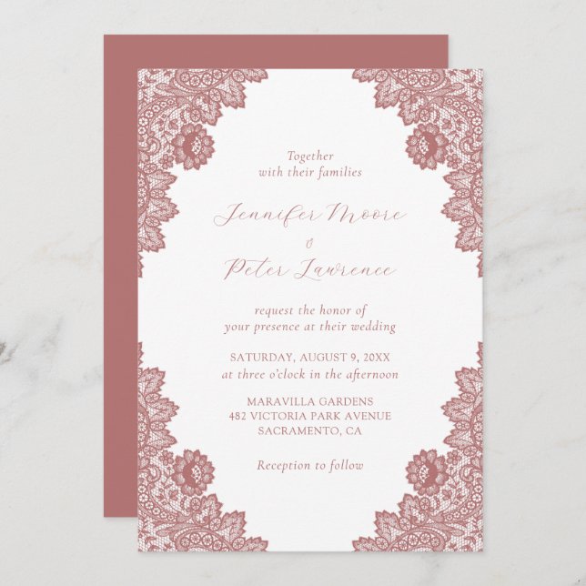 Elegant Marsala Lace Wedding Invitation (Front/Back)