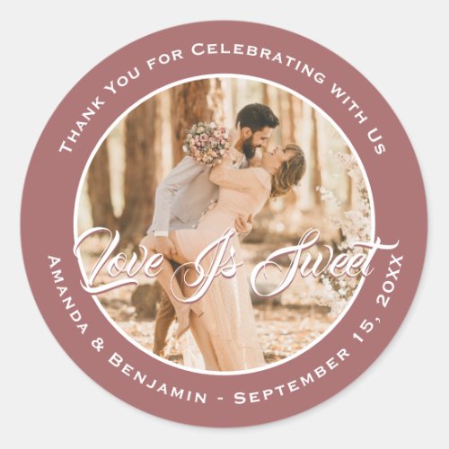 Elegant Marsala Love Is Sweet Wedding Photo Classic Round Sticker