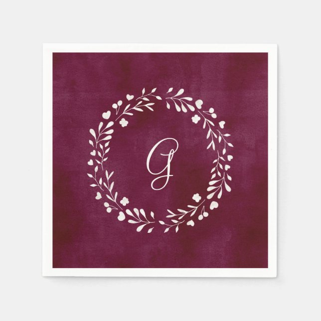 Elegant Marsala | Monogram with Wreath Napkins (Front)