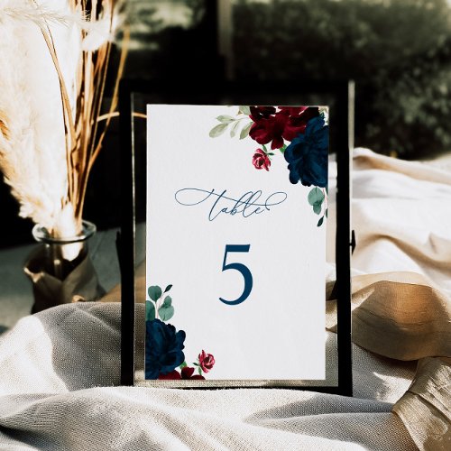 Elegant Marsala  Navy Flowers Table 5 Wedding Table Number