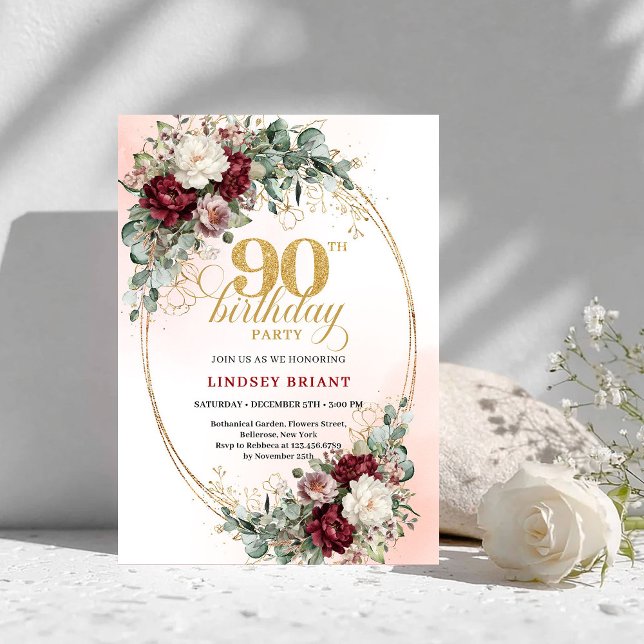 Elegant Marsala Peonies Eucalyptus 90th Birthday  Invitation (Elegant Marsala Peonies Eucalyptus 90th Birthday Invite)