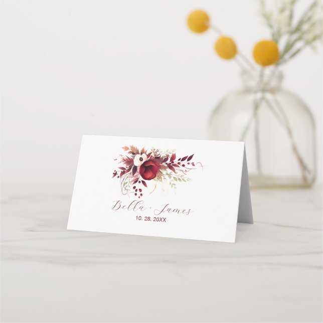 Elegant Marsala Red Floral Wedding Place Card (Back)