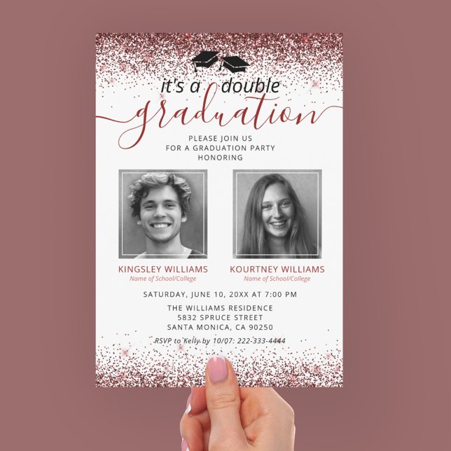 Elegant Marsala Red Joint Graduation Photo Invitation (Creator Uploaded)