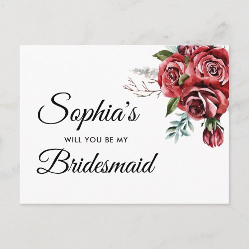 Elegant Marsala Red Rose  Bridesmaid Proposal  Postcard