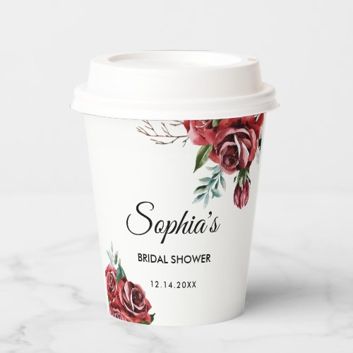 Elegant Marsala Red Rose Rustic Bridal Paper Cups