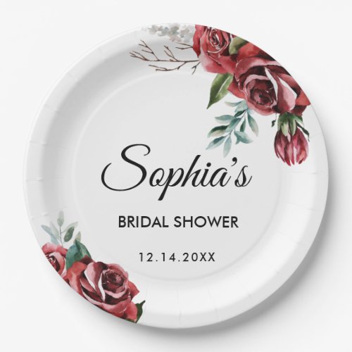 Elegant Marsala Red Rose Rustic Bridal Paper Plates