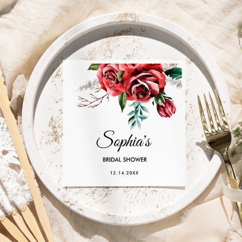 Elegant Marsala Red Rose Rustic  Bridal Shower  Napkins