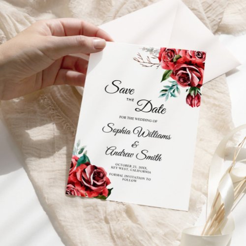 Elegant Marsala Red Rose Rustic Save The Date