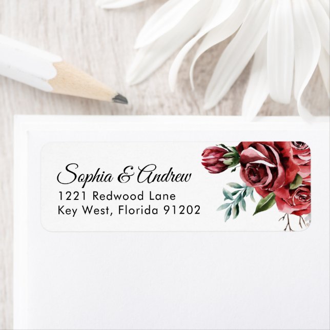 Elegant Marsala Red Rose Rustic  Wedding Address Label (Insitu)