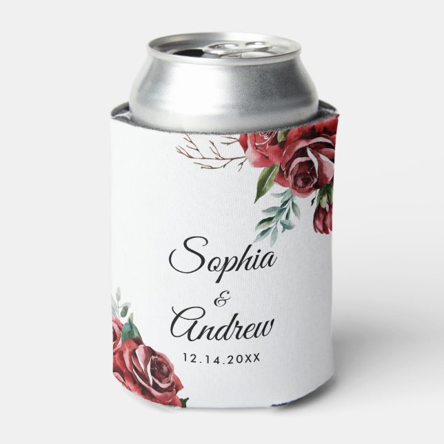 Elegant Marsala Red Rose Rustic Wedding Can Cooler (Can Front)