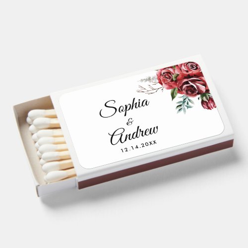 Elegant Marsala Red Rose Rustic  Wedding Matchboxes