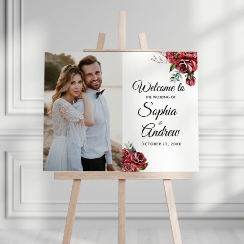 Elegant Marsala Red Rose Rustic Wedding Photo Yard Sign