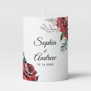 Elegant Marsala Red Rose Rustic Wedding Pillar Candle