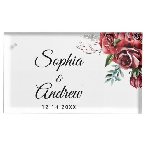 Elegant Marsala Red Rose Rustic  Wedding Place Card Holder