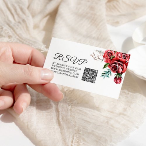 Elegant Marsala Red Rose Rustic Wedding QR RSVP Enclosure Card