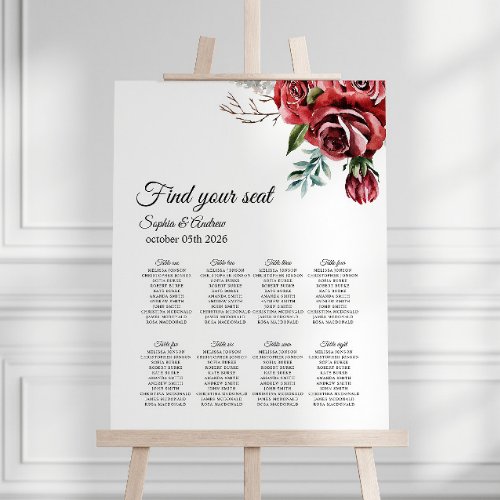 Elegant Marsala Red Rose Rustic Wedding Seating  Foam Board