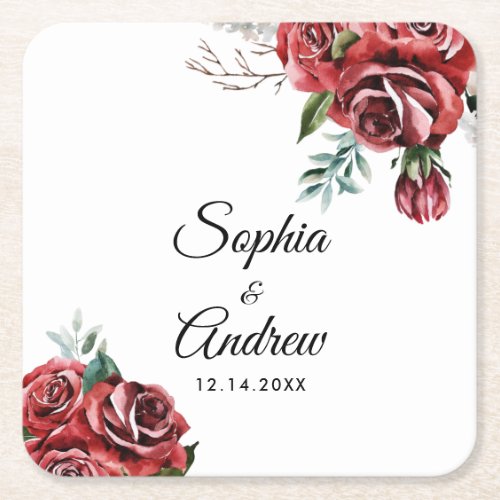 Elegant Marsala Red Rose Rustic  Wedding Square Paper Coaster