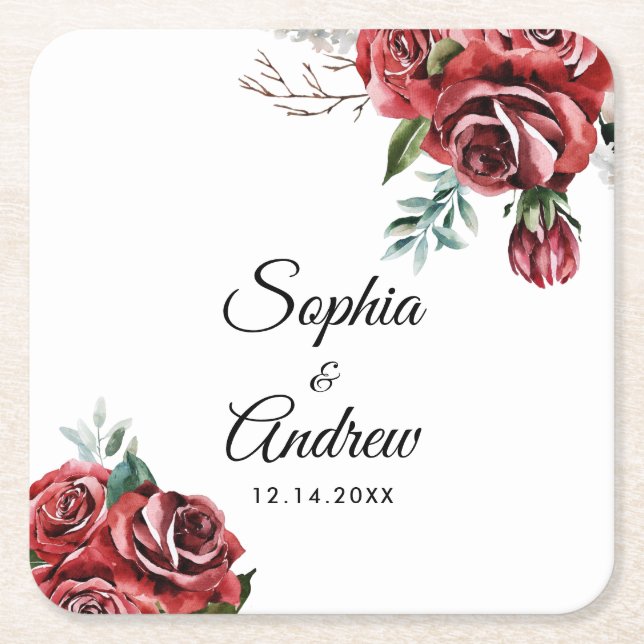 Elegant Marsala Red Rose Rustic  Wedding Square Paper Coaster (Front)