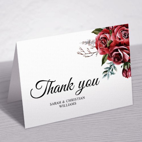 Elegant Marsala Red Rose Rustic Wedding Thank You Card