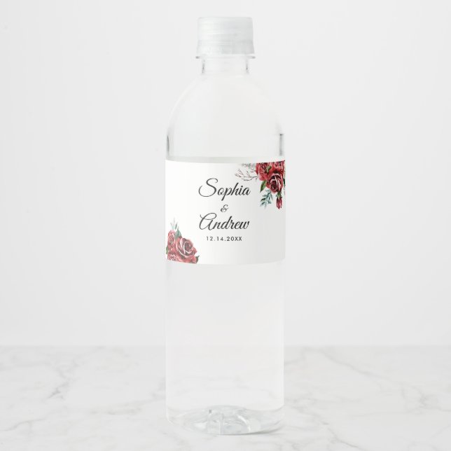 Elegant Marsala Red Rose Rustic Wedding Water Bottle Label (Front)