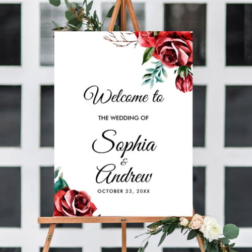 Elegant Marsala Red Rose Rustic  Wedding Welcome Foam Board