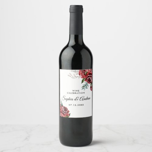 Elegant Marsala Red Rose Rustic Wedding Wine Label