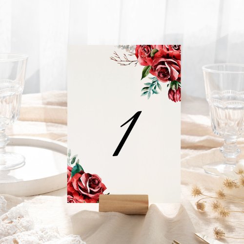 Elegant Marsala Red Rose Rustic Wood 1 Table Number