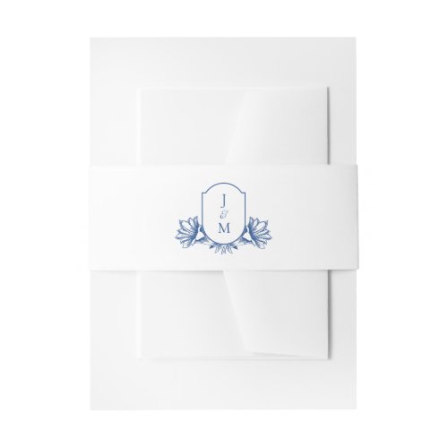 Elegant Marseilles Bleu Botanical Monogram Crest Invitation Belly Band