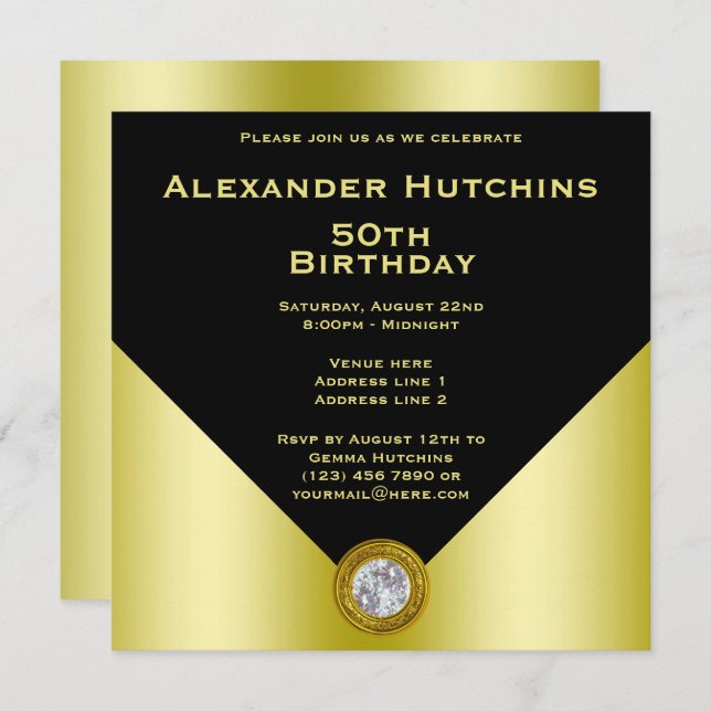 Elegant Masculine Black & Gold Birthday Invitation (Front/Back)