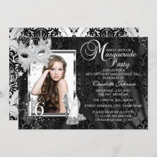 Elegant Mask & Heels Masquerade Photo Sweet 16 Invitation