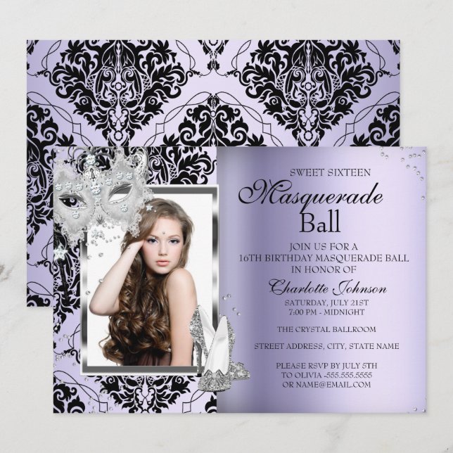 Elegant Mask Heels Masquerade Sweet 16 Lavender 3 Invitation (Front/Back)