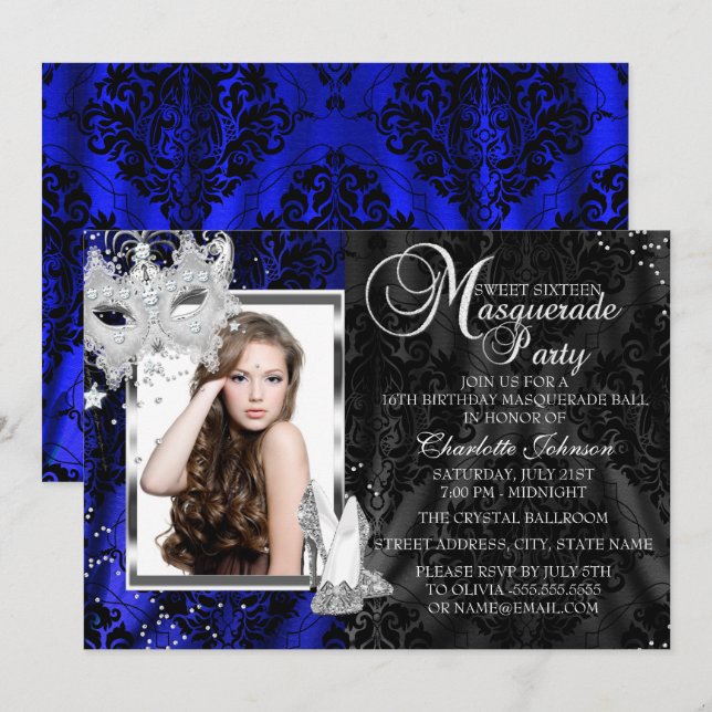 Elegant Mask & Heels Navy Masquerade Sweet 16 Invitation (Front/Back)