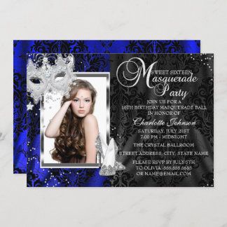 Elegant Mask & Heels Navy Masquerade Sweet 16 Invitation