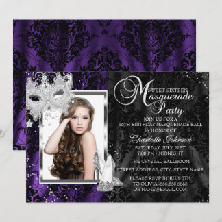 Elegant Mask & Heels Purple Masquerade Sweet 16 Invitation