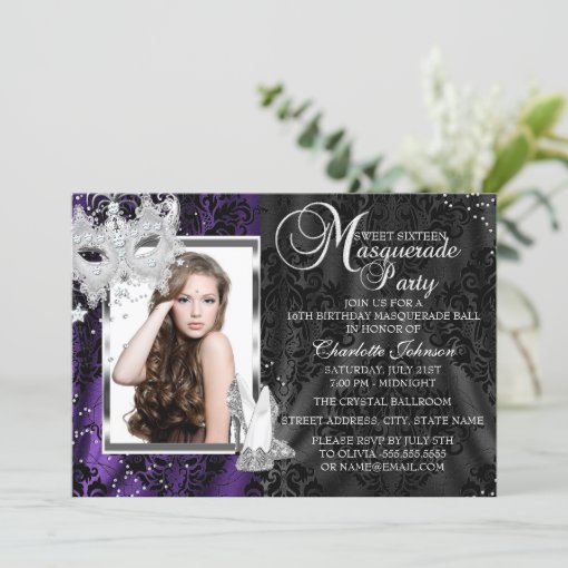 Elegant Mask And Heels Purple Masquerade Sweet 16 Invitation Zazzle