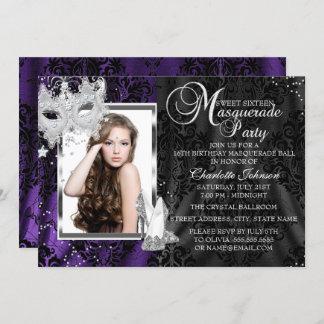 Elegant Mask & Heels Purple Masquerade Sweet 16 Invitation