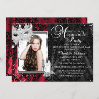 Elegant Mask & Heels Red Masquerade Sweet 16 Invitation